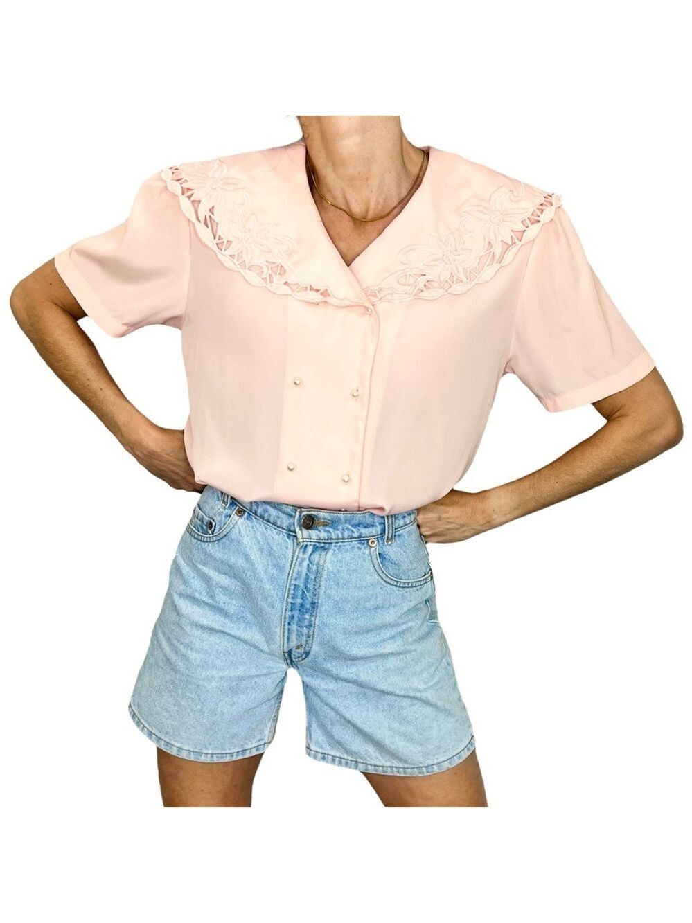 Vintage coral blush short sleeve lace detail cut out statement collar blouse 10